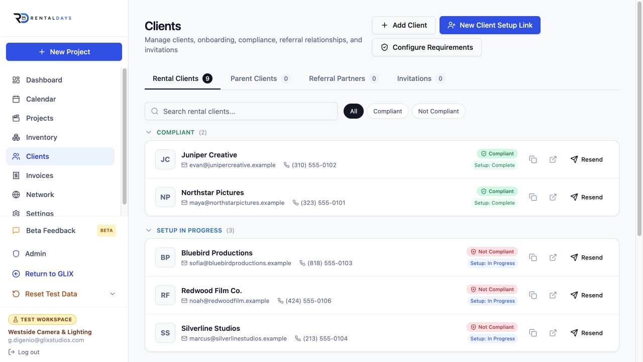 RentalDays Clients list showing compliant clients and onboarding in progress