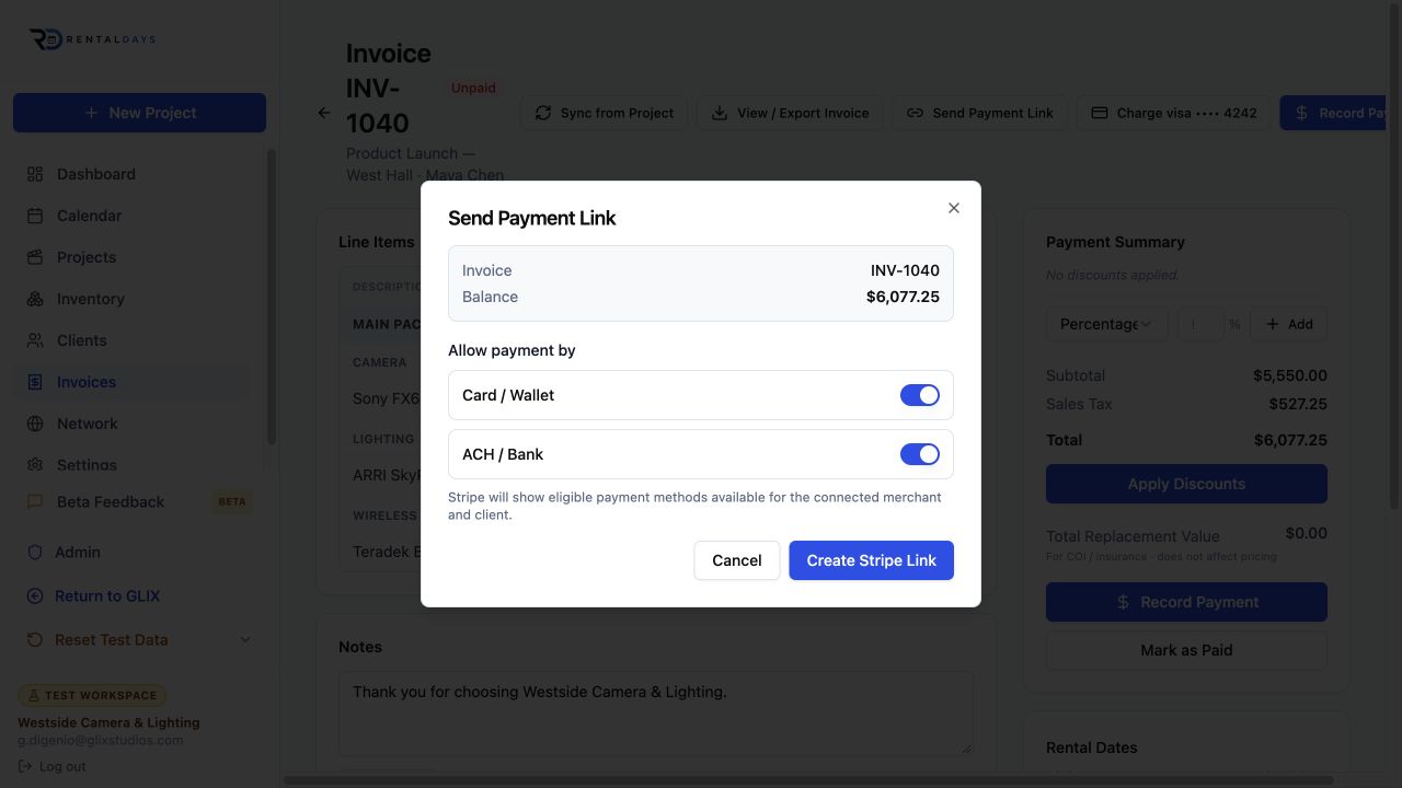 RentalDays invoice payment request workflow for sending a secure payment link