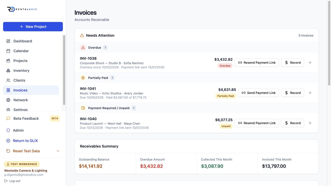 RentalDays receivables dashboard and invoice ledger