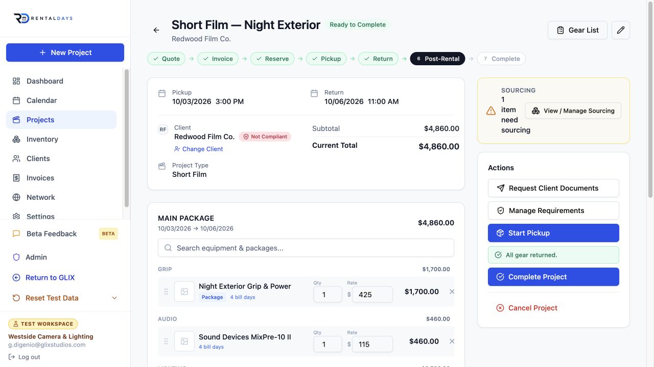 A complete RentalDays project with its workflow, package, sourcing, and payment state